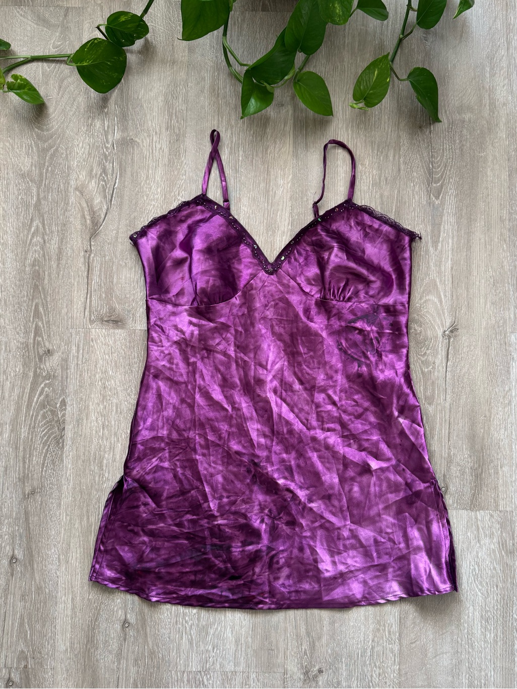 Vtg Y2k Purple Satin Fairy-Whimsy Camisole Lace Trim V Neckline